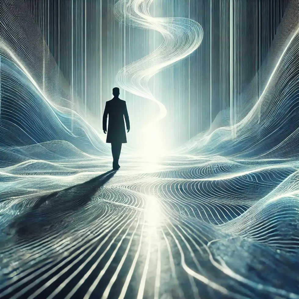 DALL·E 2024-09-27 18.14.16 - A person walking through an abstract field of light and shadows, symbolizing the journey of faith and transformation, with a cool and sophisticated vi