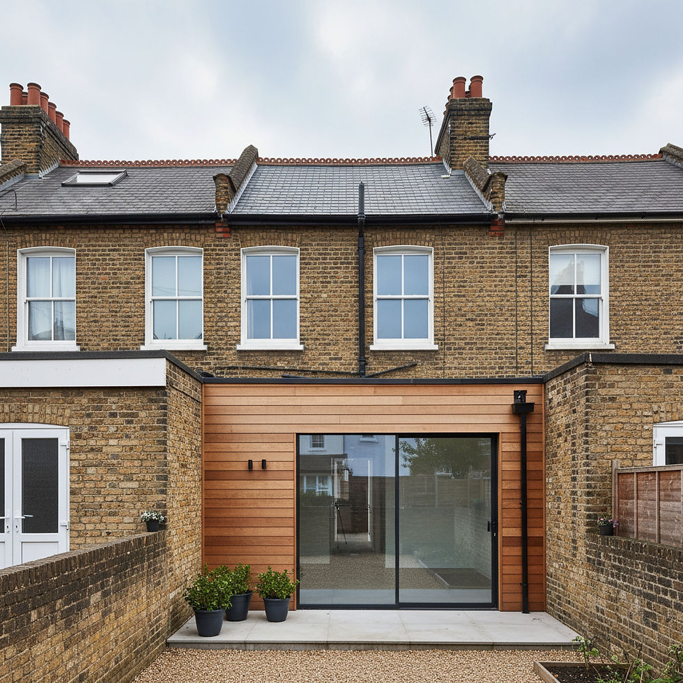 Photorealistic adjoining London terraced houses with a modest rear extension beside the sh