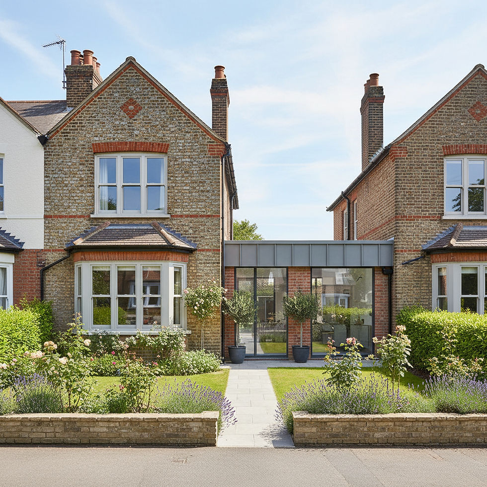 Photorealistic UK residential Party Wall scene showing two neighbouring homes with an exte