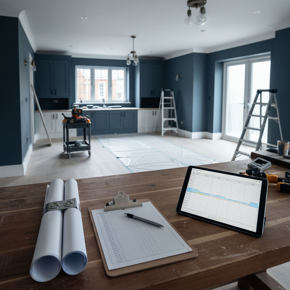 Photorealistic architectural photograph of a well-managed UK residential refurbishment nea