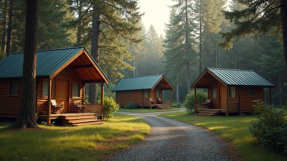 Wide angle view of a group of custom camping cabins in a serene forest