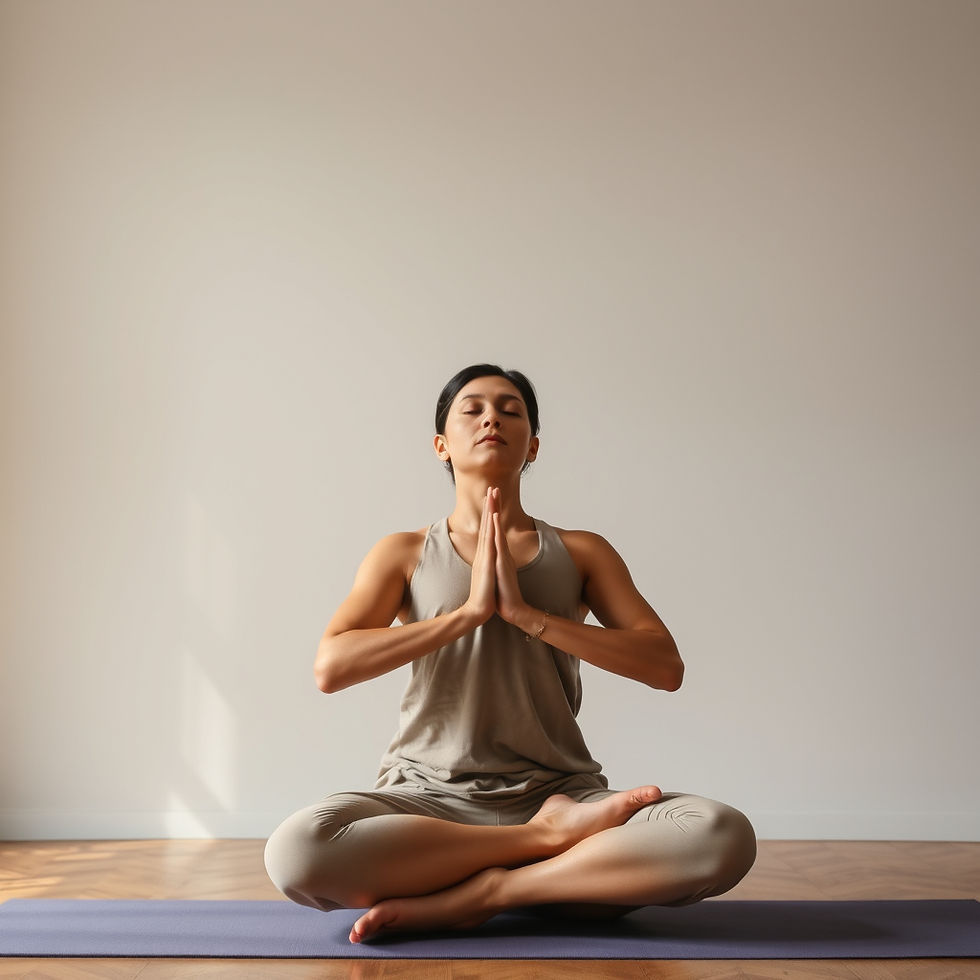 A woman practices somatic grounding meditation, seated in a serene space, eyes closed and hands in a prayer position, embracing inner peace and mindfulness.