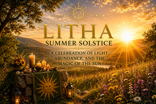 Golden sunlight rises over a lush mountain valley during the Summer Solstice. In the foreground, a stone altar decorated with candles, flowers, crystals, and solar symbols overlooks a meadow of wildflowers. The warm glow of the sun illuminates the landscape, symbolizing abundance, gratitude, and the sacred energy of Litha.