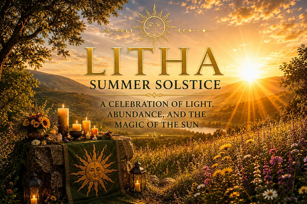 Golden sunlight rises over a lush mountain valley during the Summer Solstice. In the foreground, a stone altar decorated with candles, flowers, crystals, and solar symbols overlooks a meadow of wildflowers. The warm glow of the sun illuminates the landscape, symbolizing abundance, gratitude, and the sacred energy of Litha.