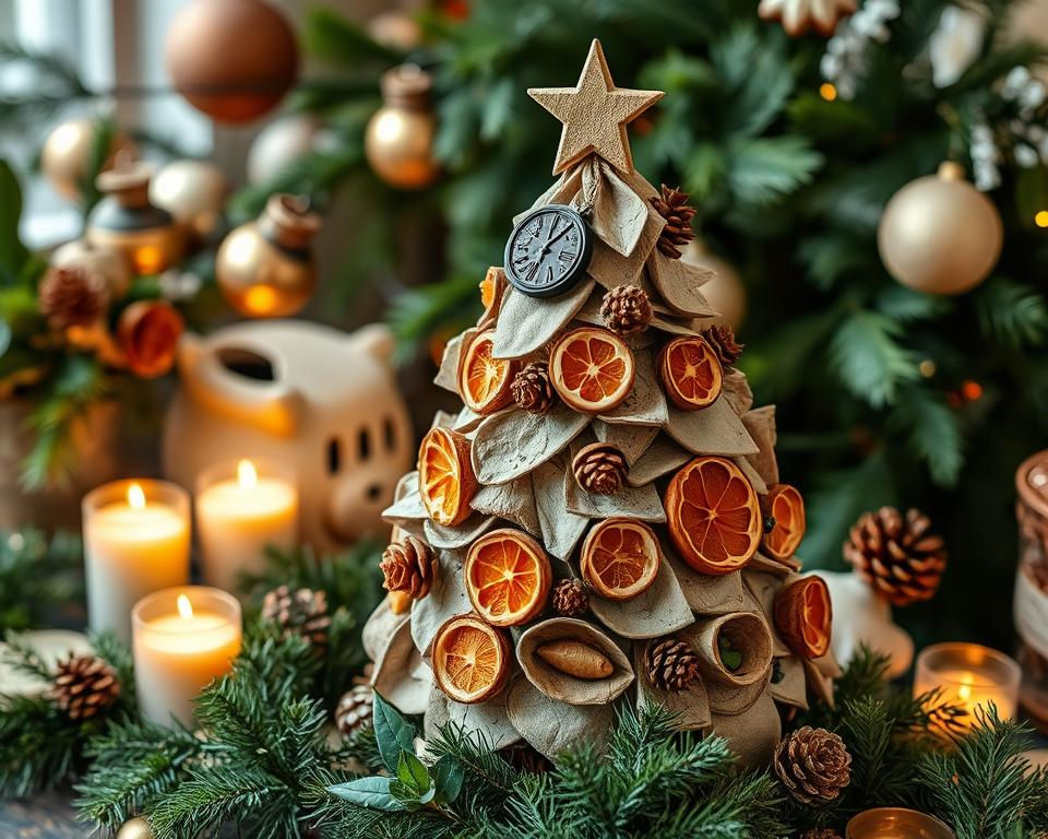 A festive Christmas tree made of recycled materials, adorned with natural ornaments like pinecones and dried orange slices, surrounded by lush greenery and eco-friendly decorations, warm candlelight illuminating the scene, emphasizing sustainability and the beauty of nature.