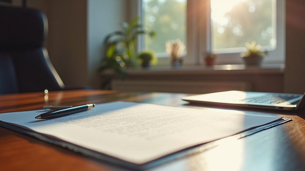 Wide angle view of a home office with documents laid out for notarization