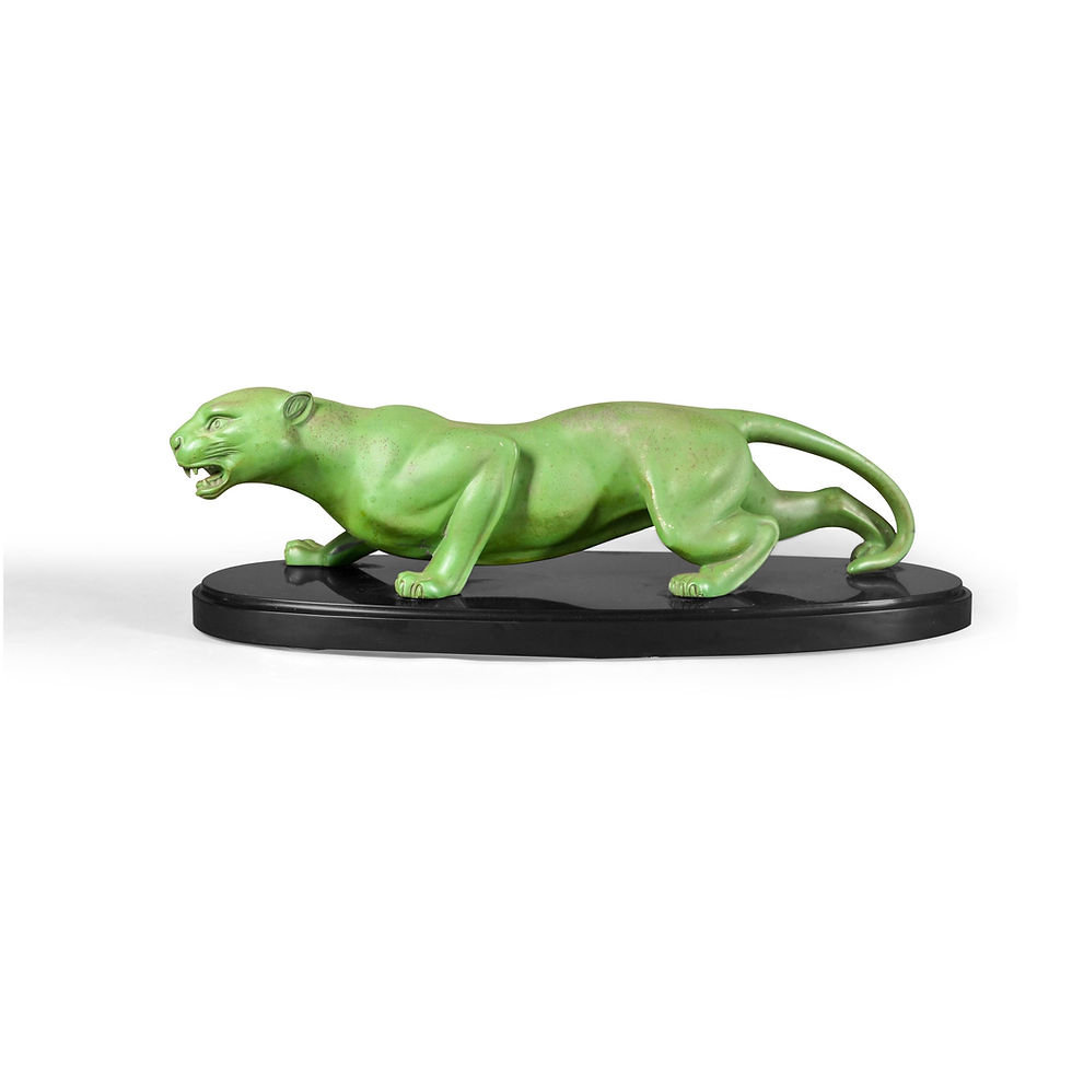 Art Deco Panther Sculpture: Signed Guy Debe, Green Zamak, Black Marble Base