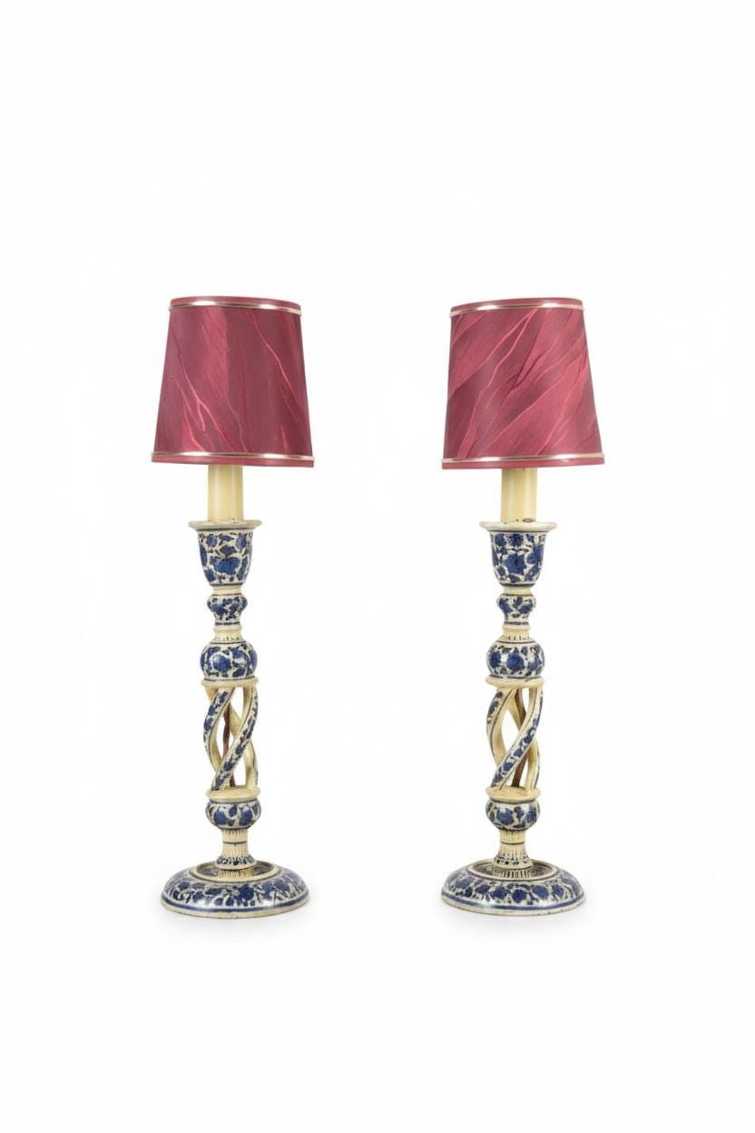 Pair of Large Antique Kashmiri Blue & White Candlesticks lamps