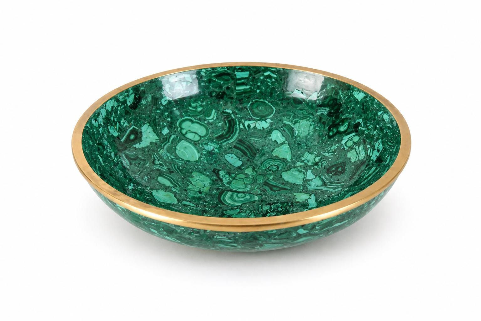 Vintage Malachite Bowl with Bronze Rim – Large Decorative Stone, Congo 1970s