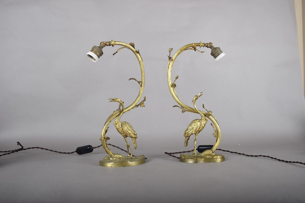 Thumbnail: Pair of Gilt Bronze Crane Table Lamps – Hollywood Regency / French Art Deco Style - image 3