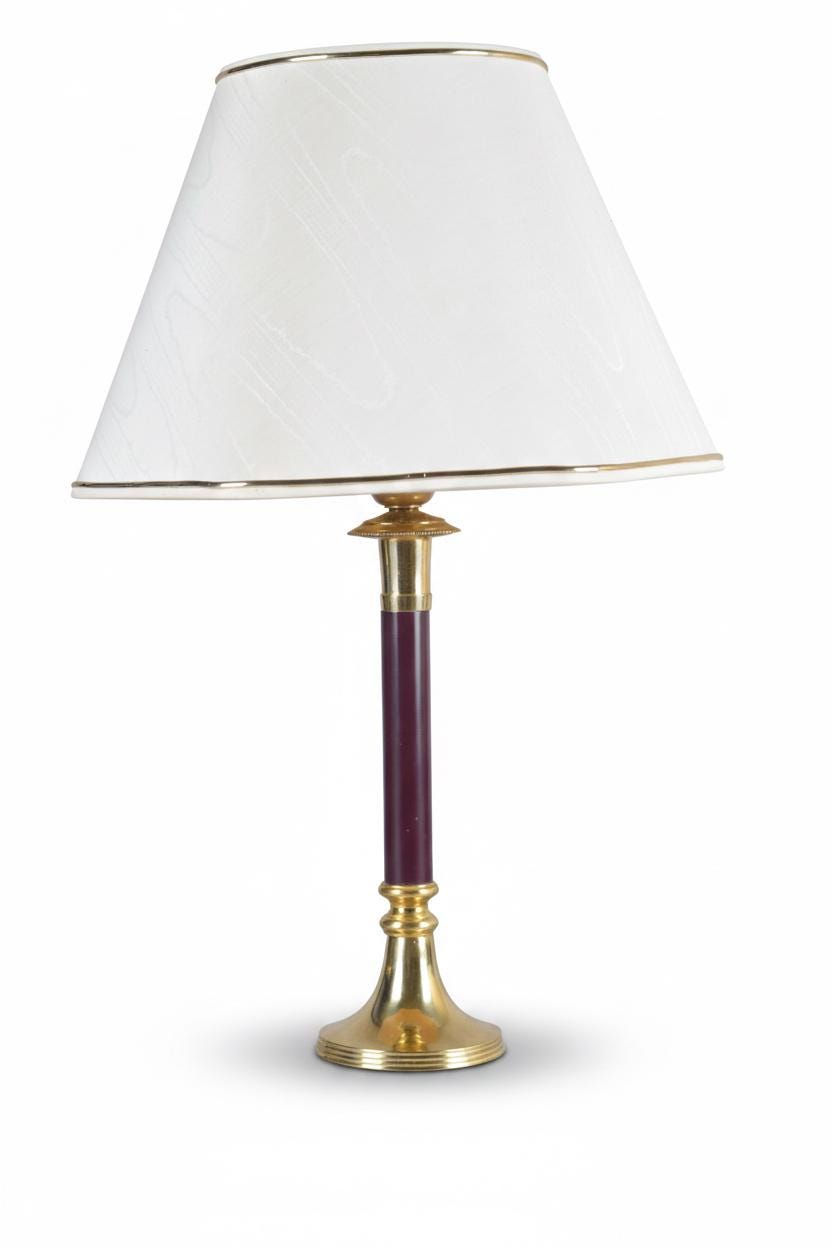 Vintage Brass Table Lamp with Burgundy Column & White Shade | Neoclassical / Hollywood Regency Style Lighting