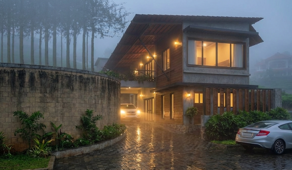 Luxury cottage in Kothagiri with misty hillside setting, warm evening lighting. architects in kottayam Joshua Thannickal