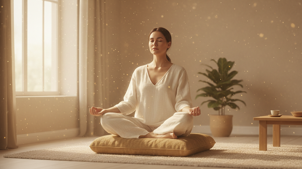 eye-level view of a person sitting cross-legged on a meditation cushion in a calm room
