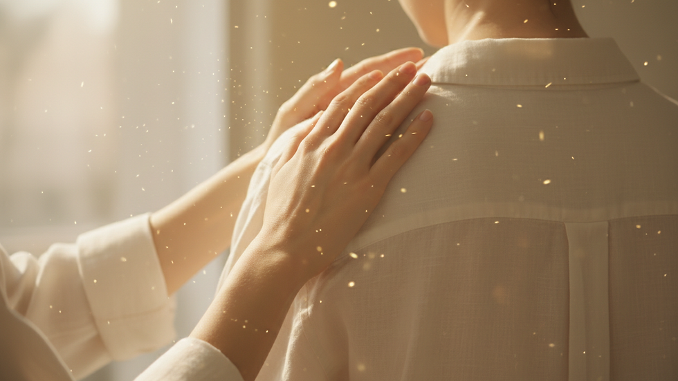 Close-up view of hands gently placed on a person's back during energy therapy