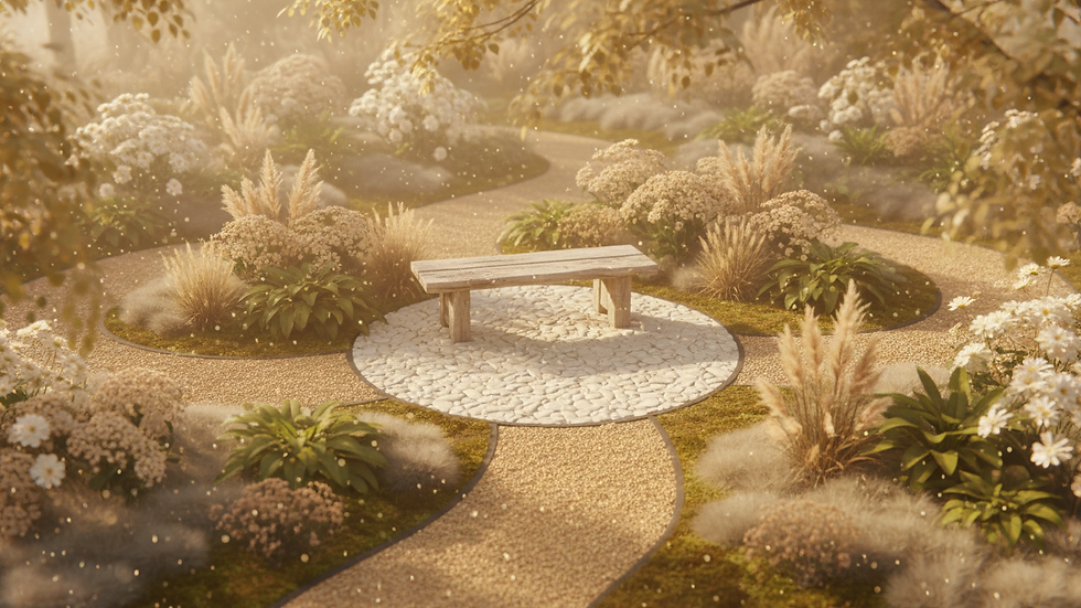 high angle view of a peaceful garden with a meditation bench