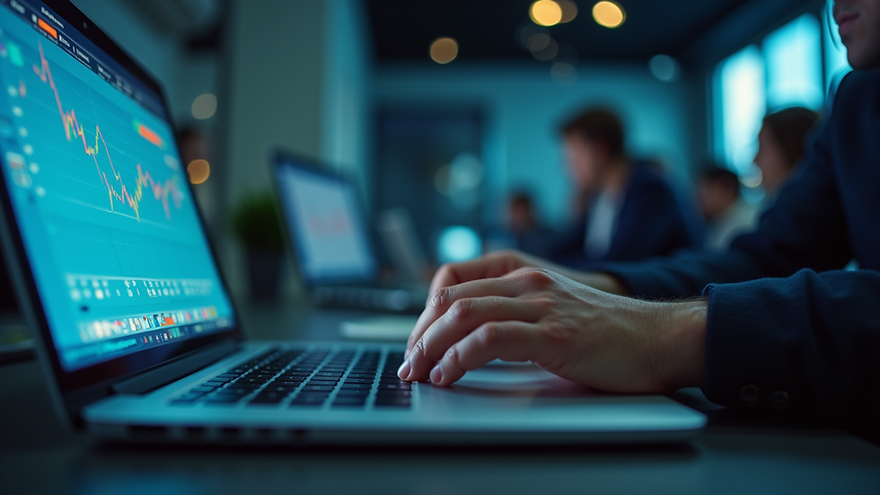 Eye-level view of a person analyzing data on a laptop