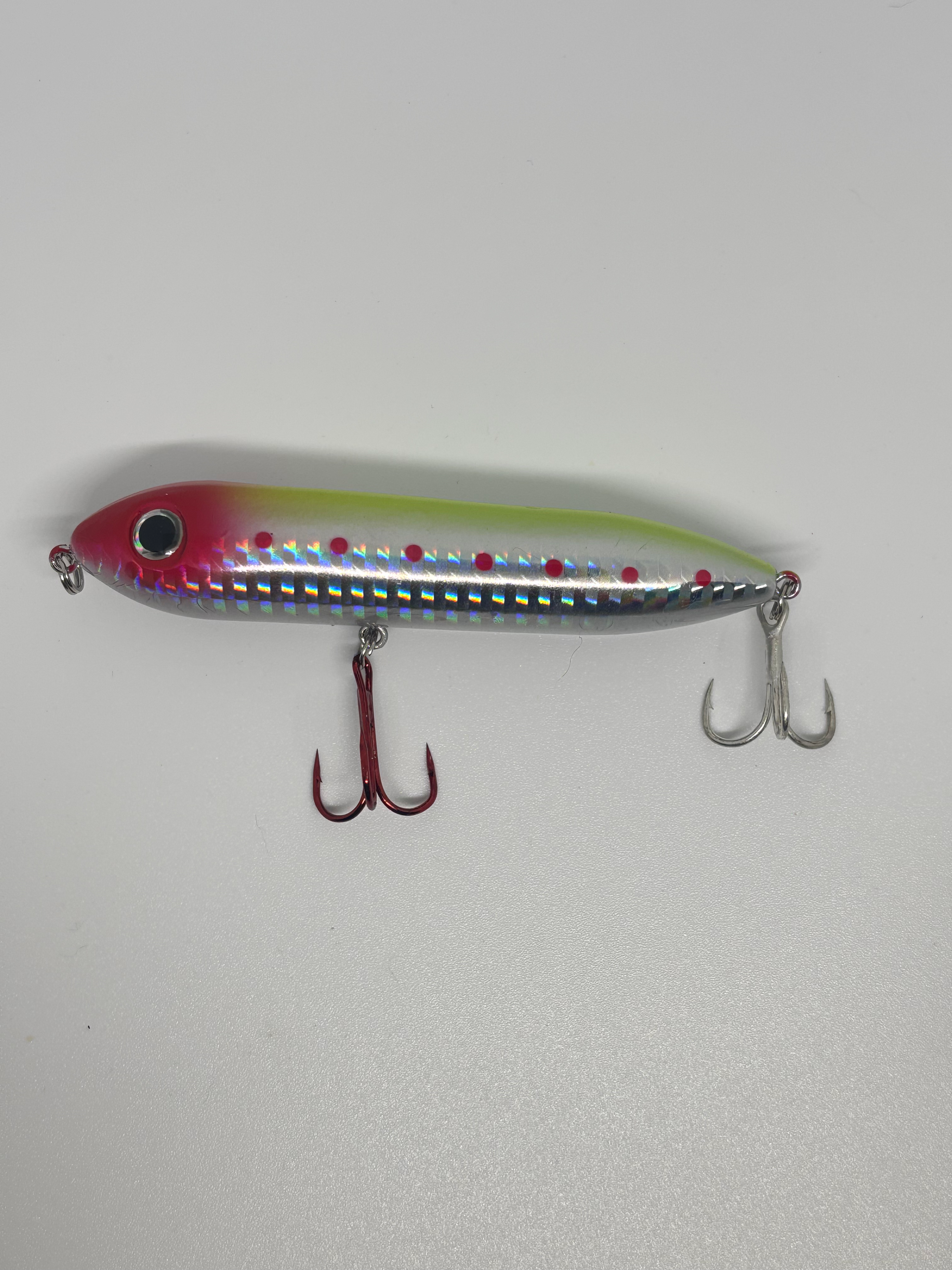 Defense Bait and Tackle 4 Inch Spook Topwater water lure- Red/Chrome/Chartrues