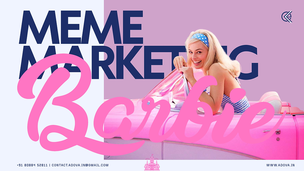 A vibrant Barbie-themed meme marketing advertisement featuring a woman with long blonde hair wearing a blue polka dot headband, leaning on a bright pink convertible car. The background is pink and purple with bold text that says "MEME MARKETING Barbie," and contact details at the bottom.