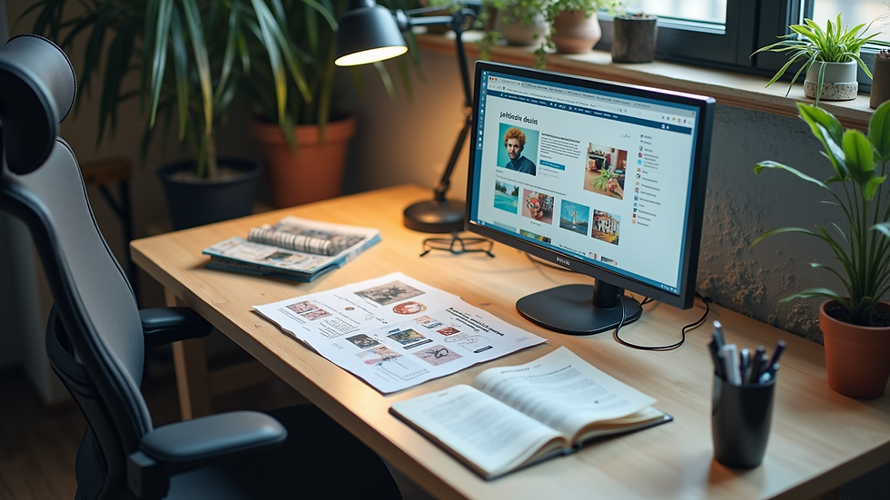 High angle view of a workspace with digital marketing tools