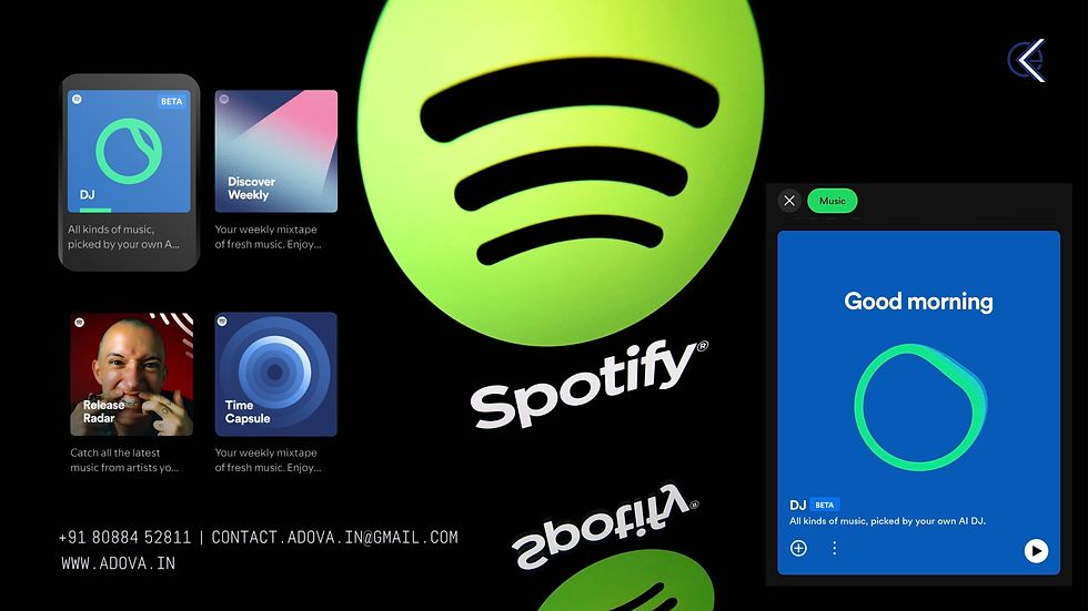 A bold, high-contrast Spotify advertisement displaying the green Spotify logo on a black background, alongside the app interface showing music playlists like DJ, Discover Weekly, and Time Capsule.
