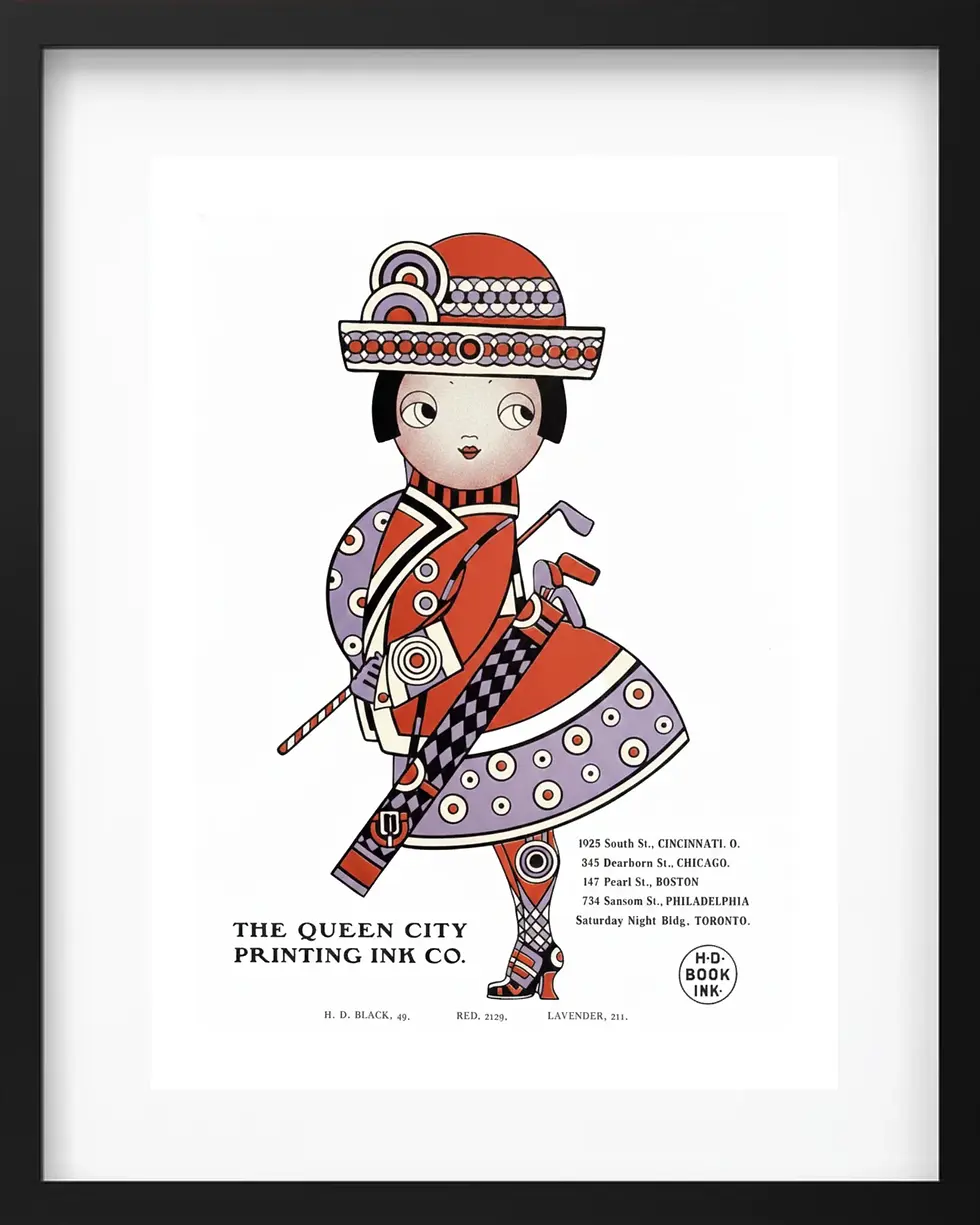 A stylized 1903 advertisement by Augustus Jansson featuring a figure in vibrant red, purple, and patterned attire carrying golf clubs, created for the Queen City Printing Ink Company.