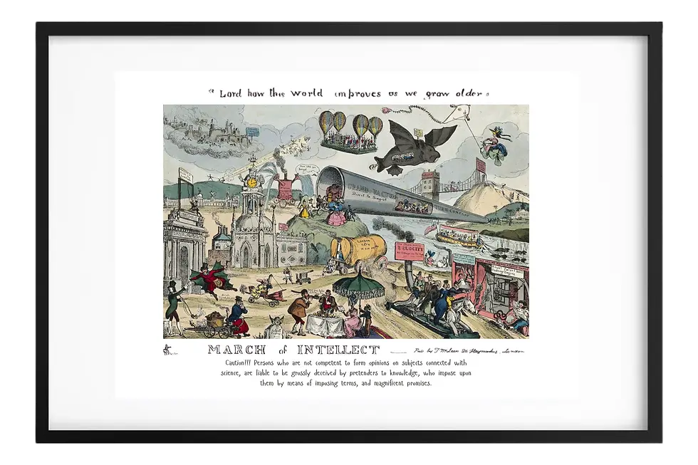 William Heath’s 1820s satirical print ‘The March of Intellect,’ depicting futuristic machines and comedic technological inventions, restored as a modern framed art print