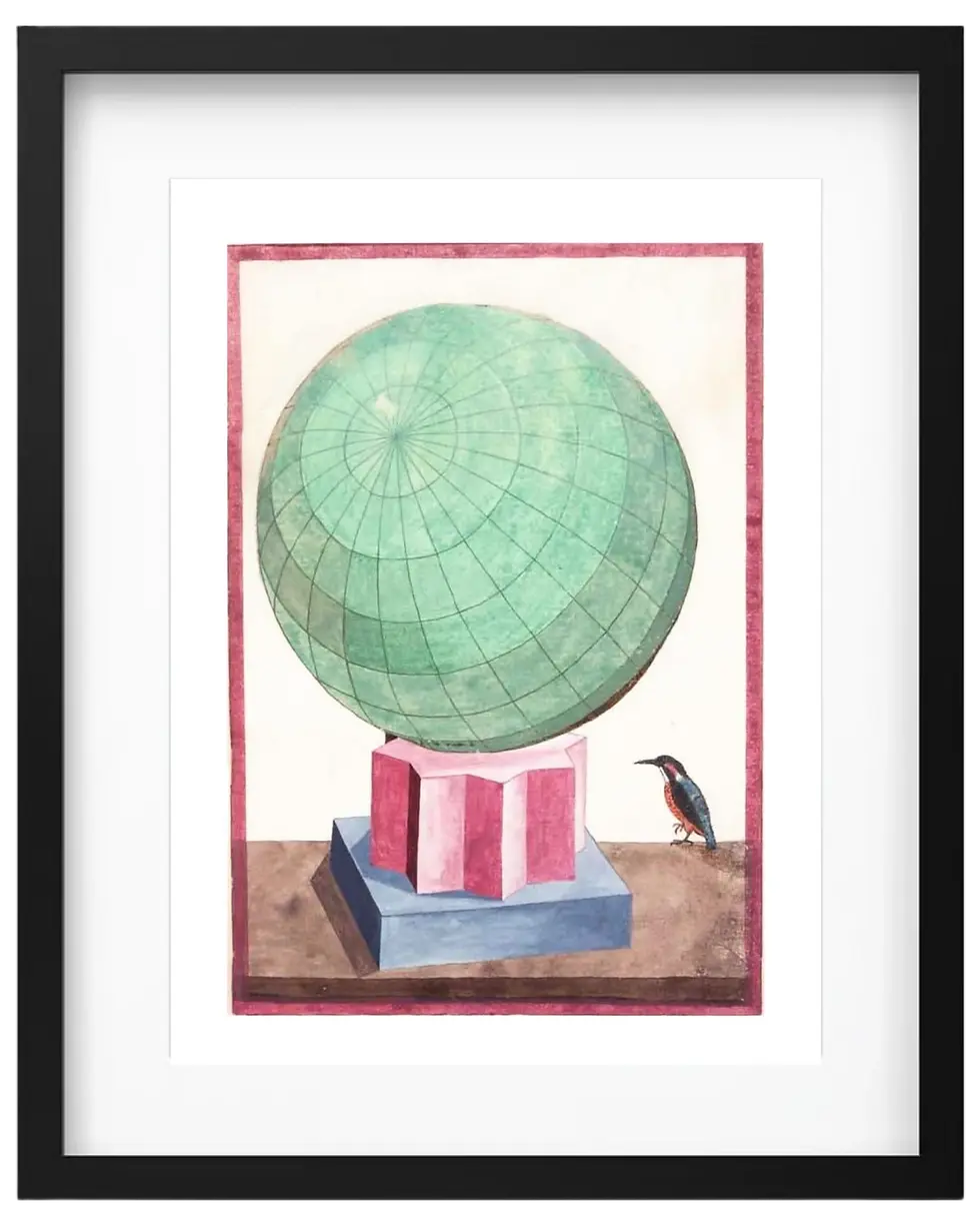 A large green grid-lined sphere rests on a red striped pedestal set atop a blue geometric base. A small bird stands to the right of the structure. The artwork is hand-painted in an 18th-century manuscript style and framed by a red border.