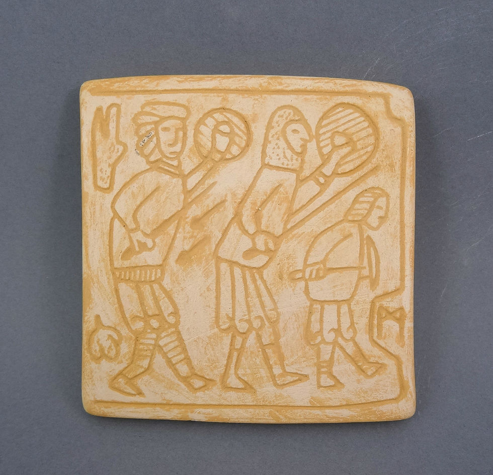 Miniature : plaque céramique medievale gravée les guerriers