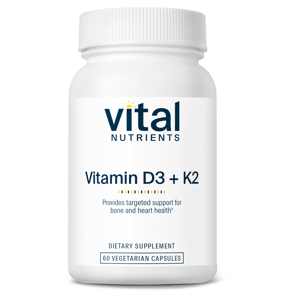 White bottle labeled "Vital Nutrients Vitamin D3 + K2" for bone and heart health. Immune Health. Head Cold. Vitamin D, 