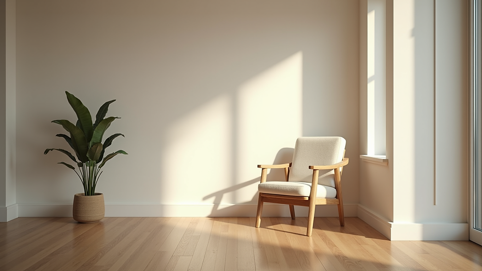 Eye-level view of a calm room with soft lighting and a comfortable chair