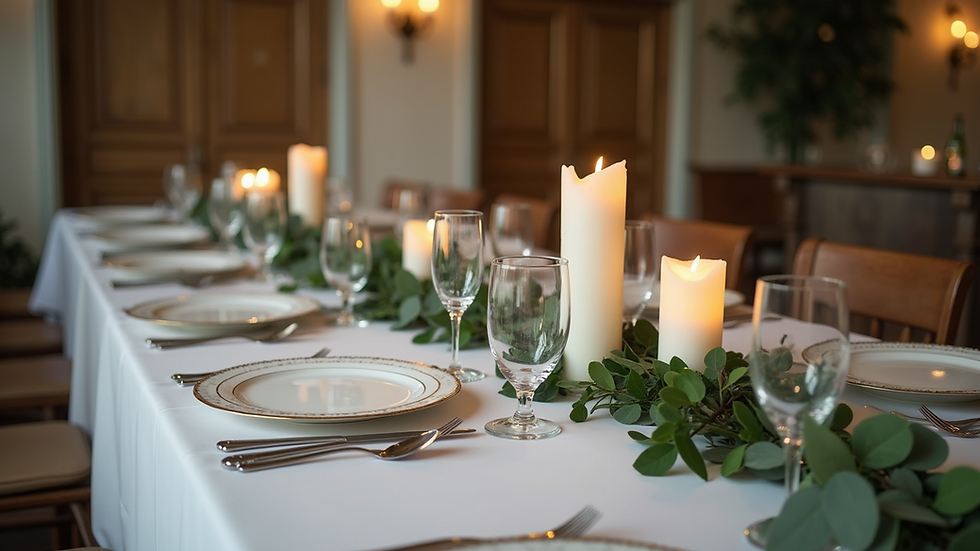 High angle view of a simple wedding table setting with candles and greenery