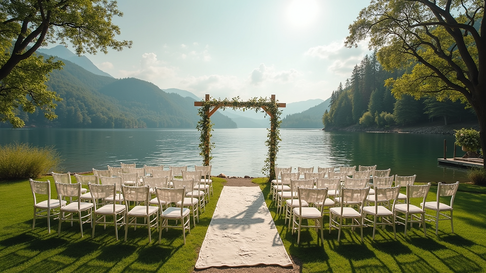 Eye-level view of a serene lakeside setting prepared for a life celebration ceremony