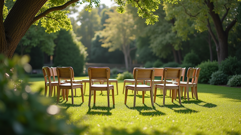 Eye-level view of a serene garden setup with chairs arranged in a circle