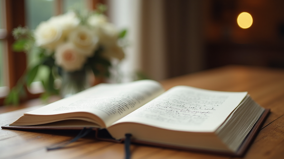 Close-up view of a handwritten wedding vow book on a wooden table