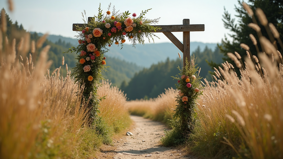 Eye-level view of a rustic outdoor wedding altar decorated with wildflowers