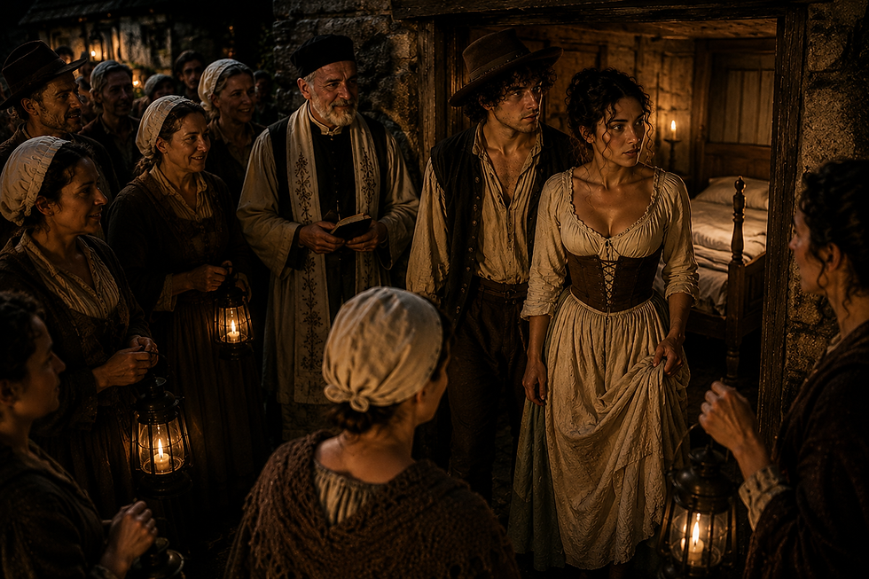 Thomas Rushworth and Agnes arrive at their cottage on their wedding night as family members, neighbours, and a clergyman accompany them to the doorway. Lantern light illuminates the gathered community while the prepared marital bed is visible inside the cottage. The scene depicts the bedding ceremony tradition in early modern England, where marriage was considered a matter of public and communal importance.