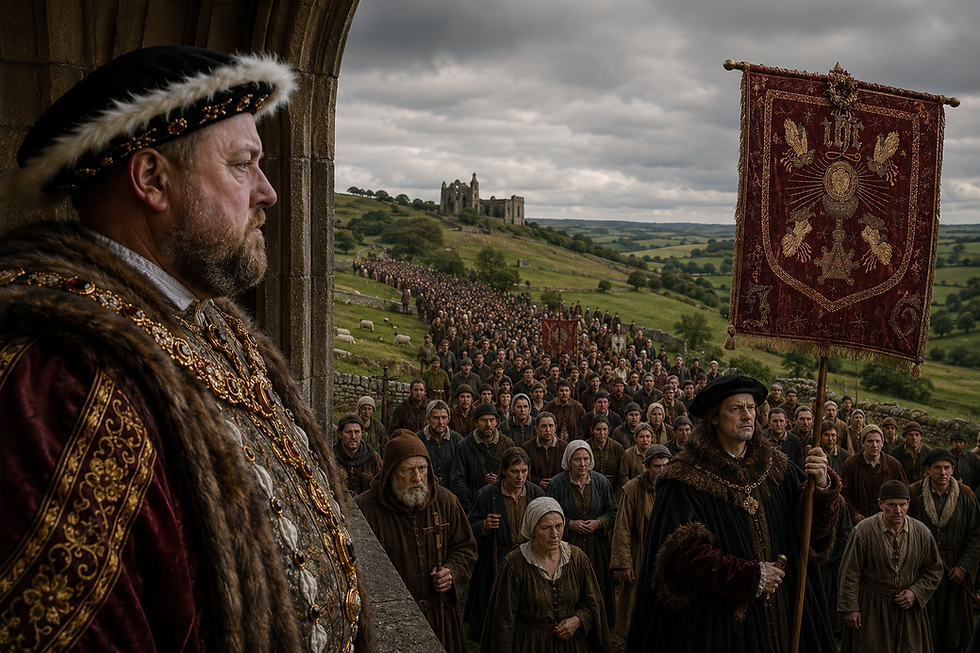 King Henry VIII watches as Robert Aske leads thousands of Yorkshire pilgrims carrying the Banner of the Five Wounds during the Pilgrimage of Grace in 1536.