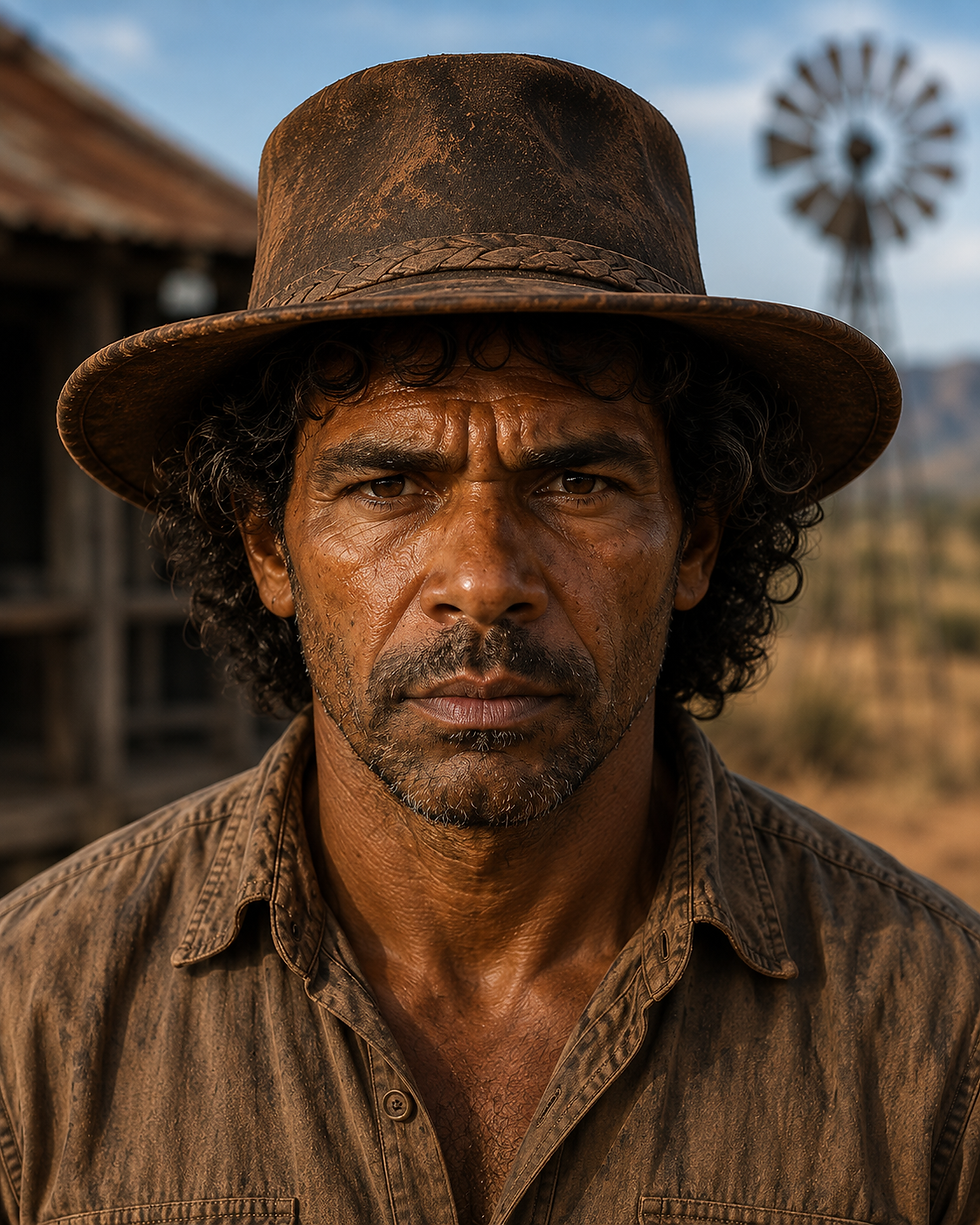 Dhirrari, Aboriginal stockman and mentor to Jimmy Brown in Outback Odyssey, whose deep knowledge of Country, culture, and survival guides Jimmy's transformation.