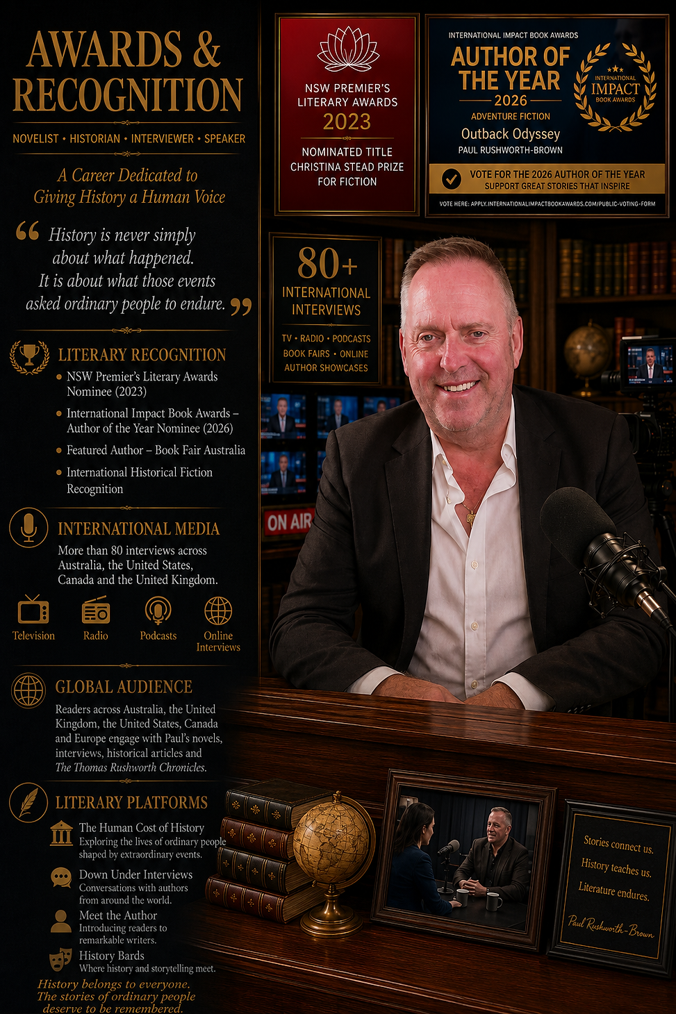 Awards and Recognition page highlighting Paul Rushworth-Brown's literary achievements, international interviews, media appearances, NSW Premier's Literary Awards nomination and International Impact Book Awards recognition.