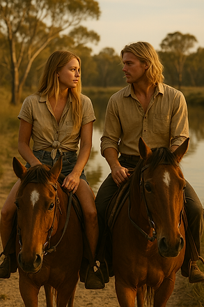 Man and woman riding horses at sunset in the Australian outback, a scene inspired by Outback Odyssey