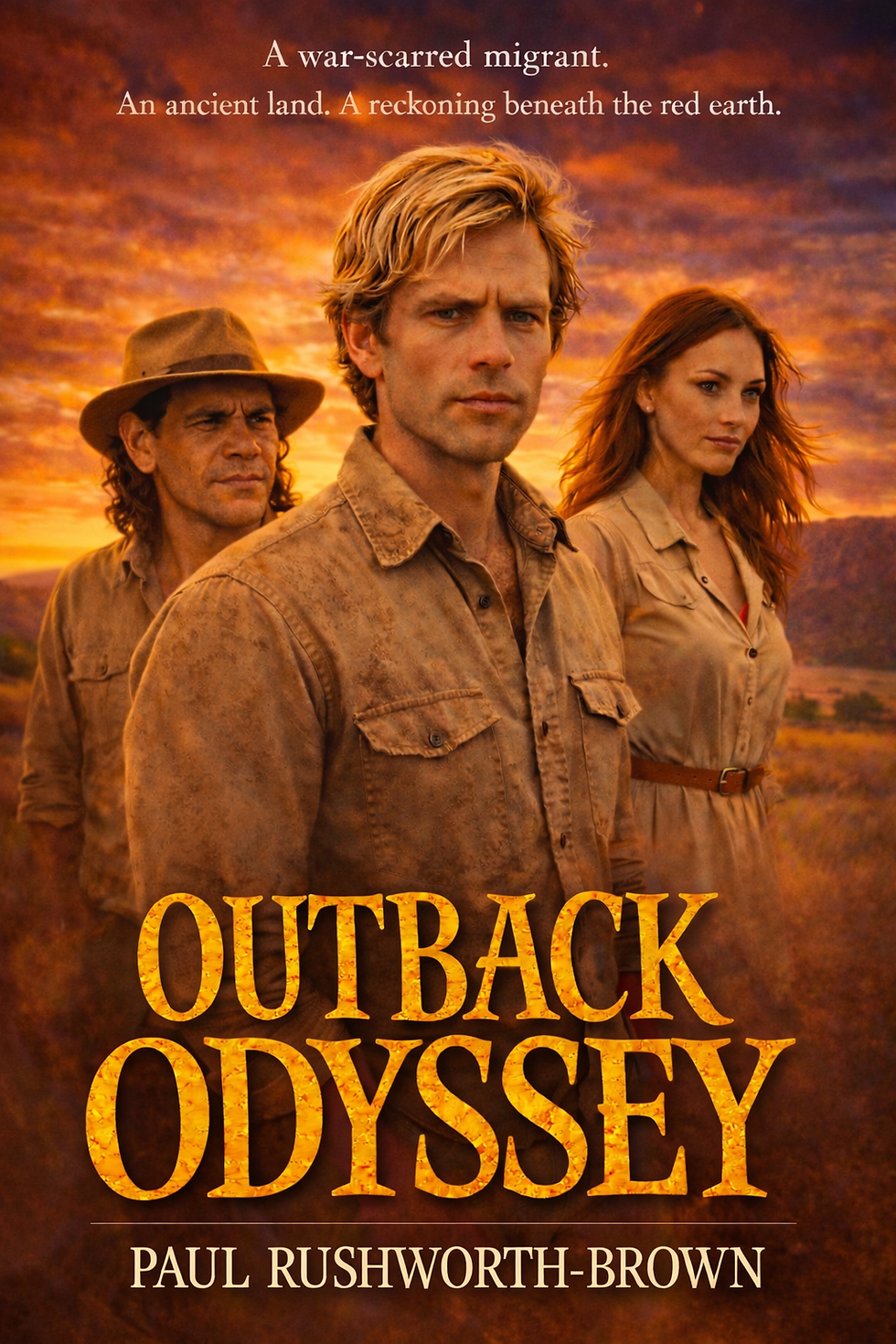Cover of Outback Odyssey by Paul Rushworth-Brown, showing three figures in a rugged Australian outback landscape at sunset.