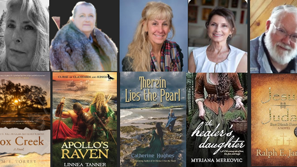 Promotional collage featuring historical fiction authors and their books featured on Down Under Interviews.