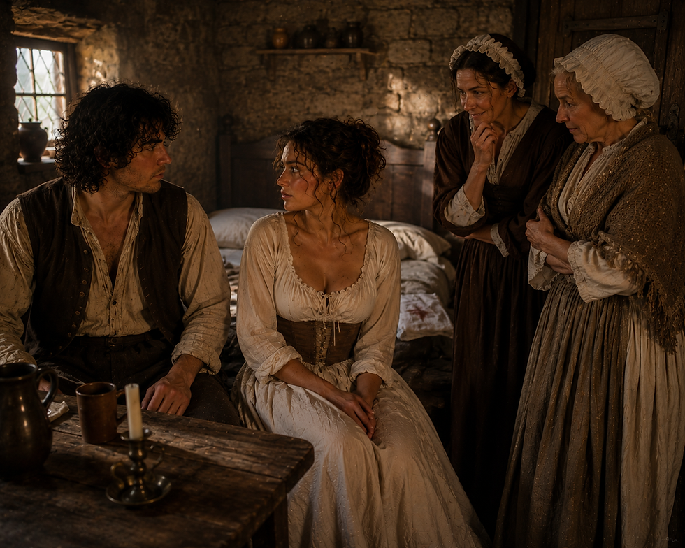 Thomas and Agnes sit together inside their cottage as two older female relatives observe them the morning after their wedding. The prepared marital bed remains visible in the background, symbolising the social expectations surrounding marriage in early modern England.