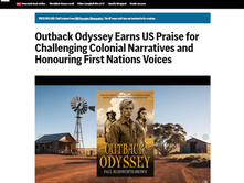 Outback Odyssey book cover displayed over an Australian outback landscape with a windmill and homestead, featured in an AP news article about the novel’s critical US reception