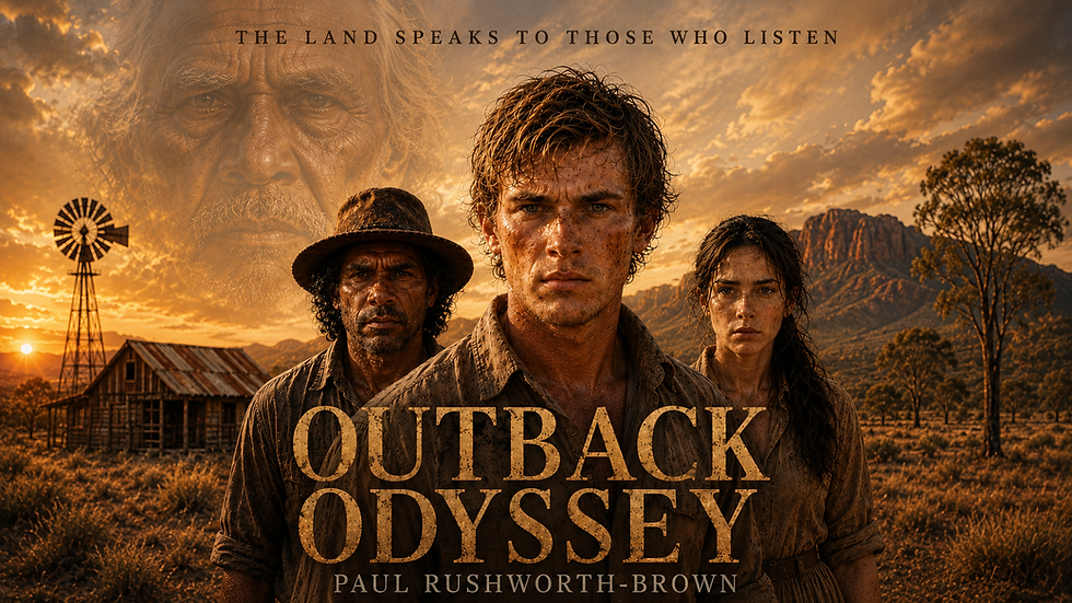 Promotional banner for Outback Odyssey by Paul Rushworth-Brown featuring Jimmy Brown, Jarrah, and Amanda standing in the Australian outback beneath a golden sunset, with the ghostly face of an Aboriginal Elder watching over the landscape and the tagline, "The land speaks to those who listen."