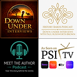 Four-panel promotional graphic featuring Down Under Interviews, History Bards Podcast, Meet the Author Podcast, and PSI TV st