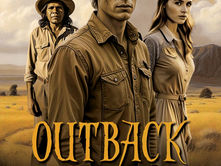 Three serious figures stand in an expansive Australian outback, under a cloudy sky. Text: Outback Odyssey by Paul Rushworth-Brown.