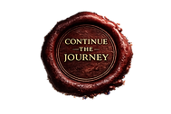 A dark red wax seal-style button with weathered medieval texture and gold serif lettering reading “CONTINUE THE JOURNEY.” The seal has rough organic edges, subtle highlights, and an aged historical appearance designed to resemble an old archival stamp or manuscript seal, evoking mystery, immersion, and historical exploration.