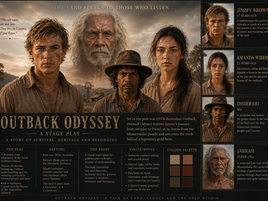 Character board for Outback Odyssey featuring Jimmy Brown, Amanda Wiberg, Dhirrari and Elder Jarrah alongside the novel's themes, setting, visual style and Australian Outback colour palette.