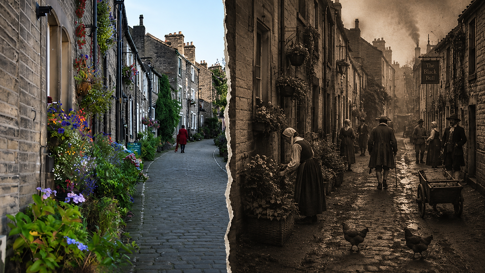 Split-image of a narrow cobbled lane in Haworth, Yorkshire, comparing the modern flower-lined street with a darker 17th-century version featuring muddy roads, villagers in period clothing, smoke rising above stone cottages, and livestock wandering the lane.